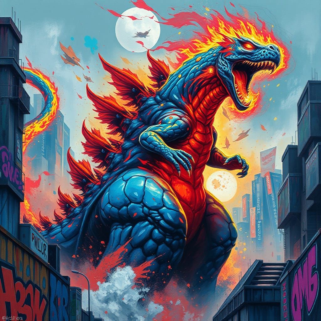 Electric Blue Godzilla Rises in Graffiti Cityscape
