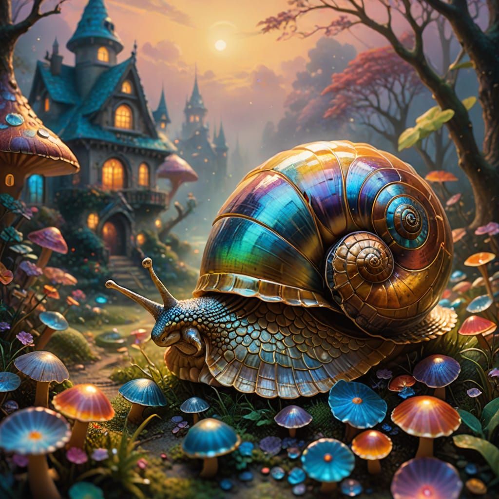 Surreal Fantasy Snail with Iridescent Shell in Dreamlike Set...
