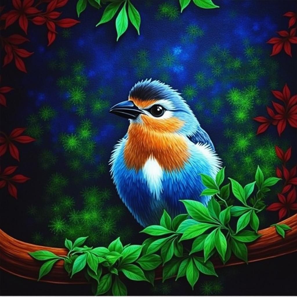 Blue and White Bird Impasto Painting in Tree