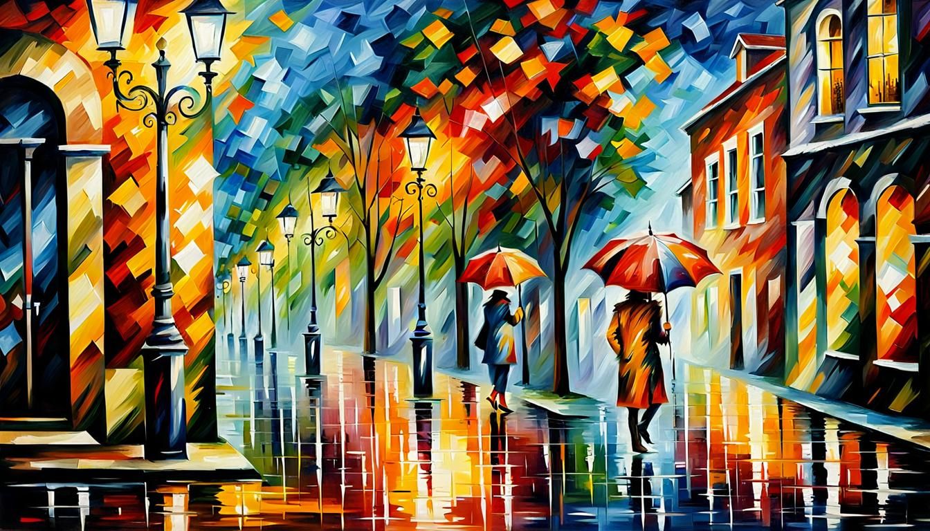 Rainy European Cityscape in Afremov Style