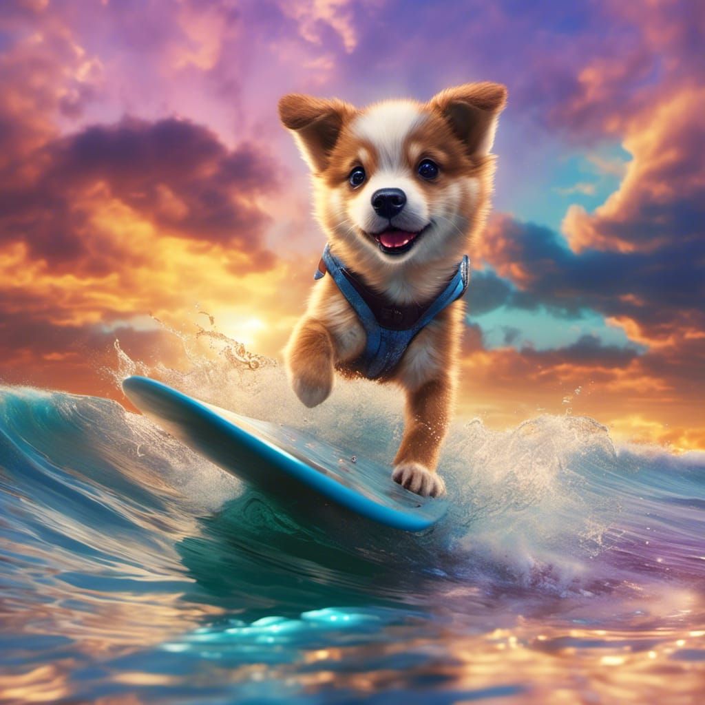 Hyperrealistic Husky Puppy Surfing at Sunset