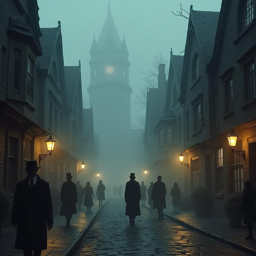 Misty Victorian Village Street in Matte Painting Style