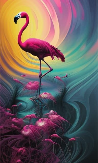 Celestial Flamingo Portrait in Inkpunk Style