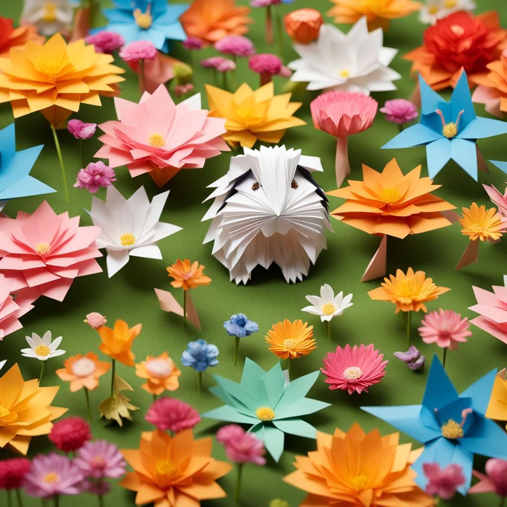 Origami Guinea Pig in a Flower Meadow