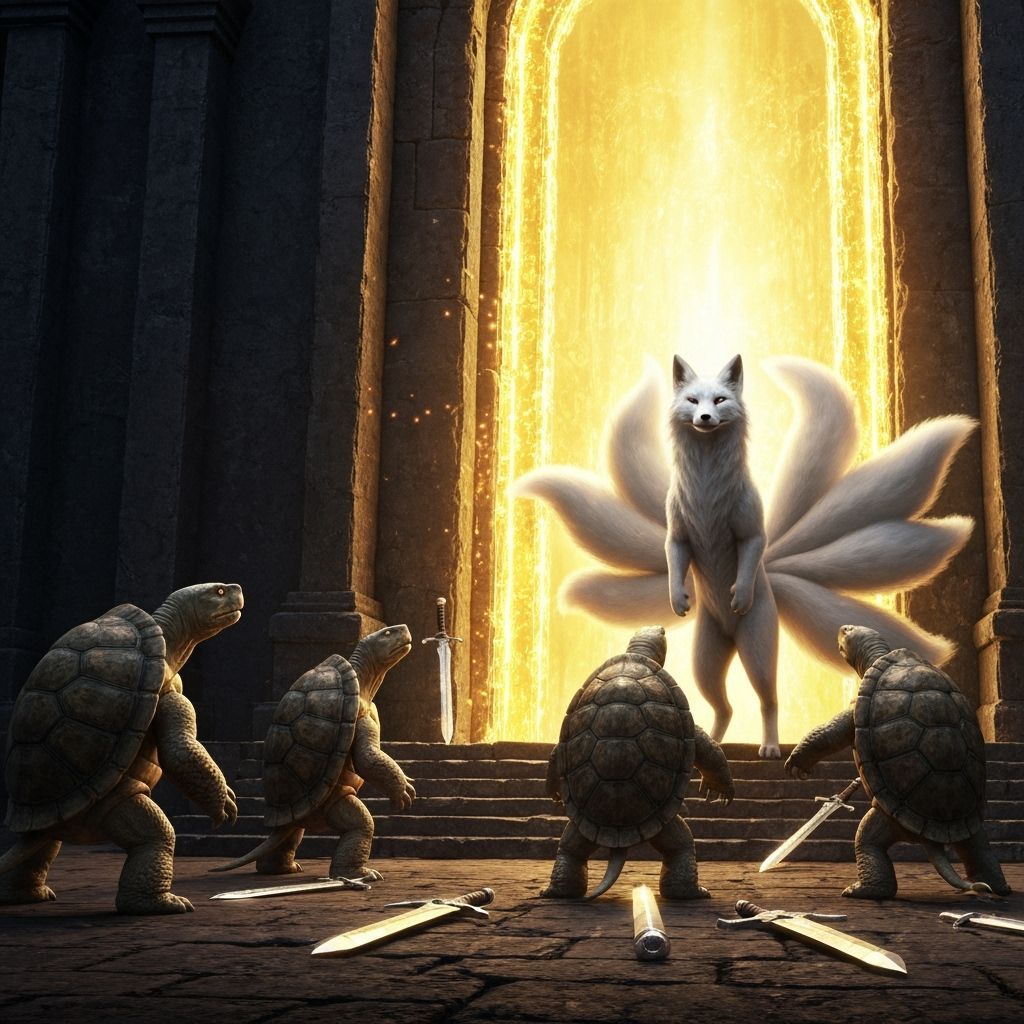 White Nine-Tailed Fox and Turtles Before Golden Portal