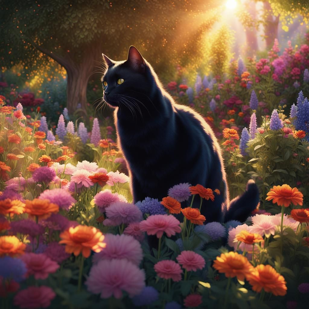 Black Cat in Colorful Flower Garden: Digital Painting