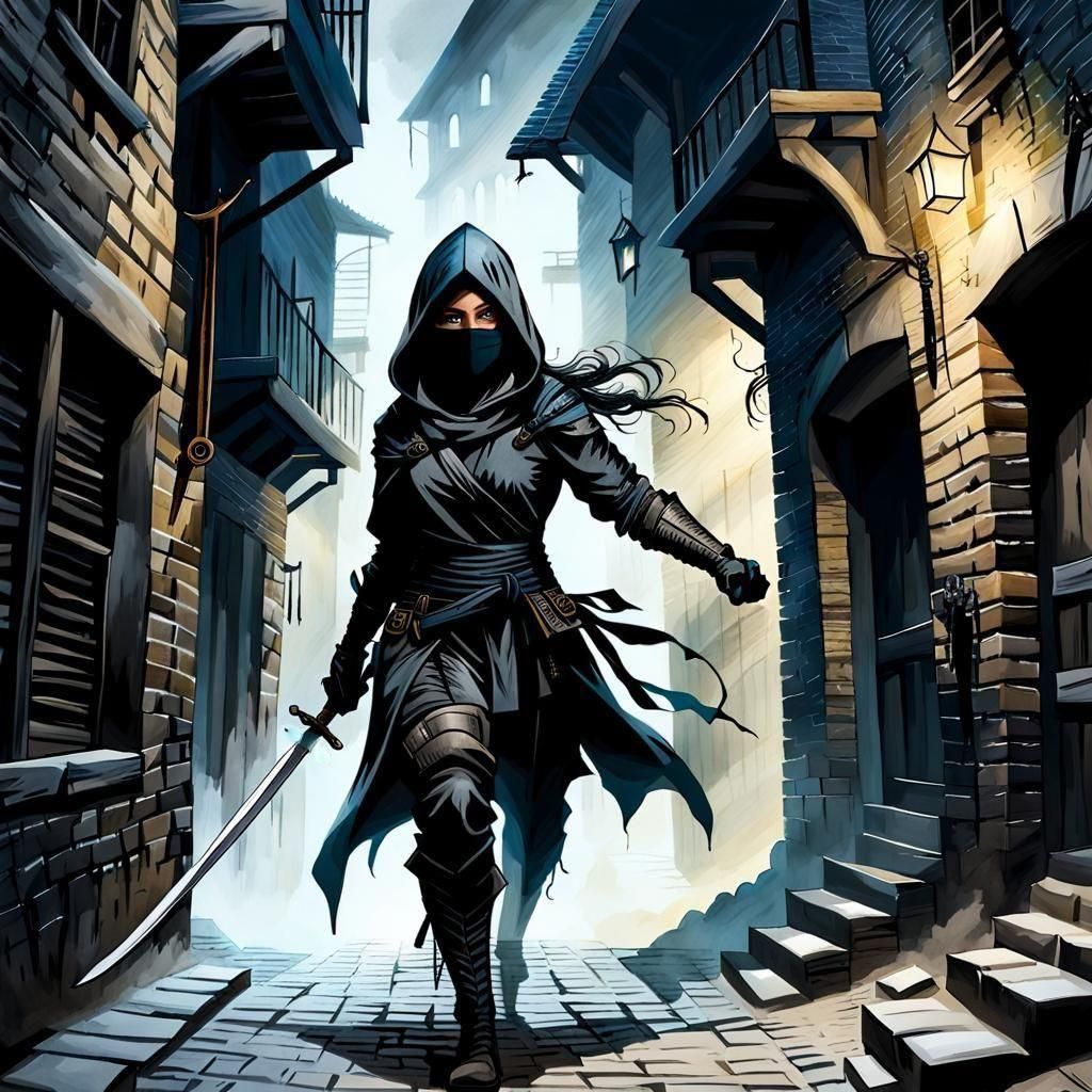 Ninja Emerges from Mist: Watercolor Fantasy Art