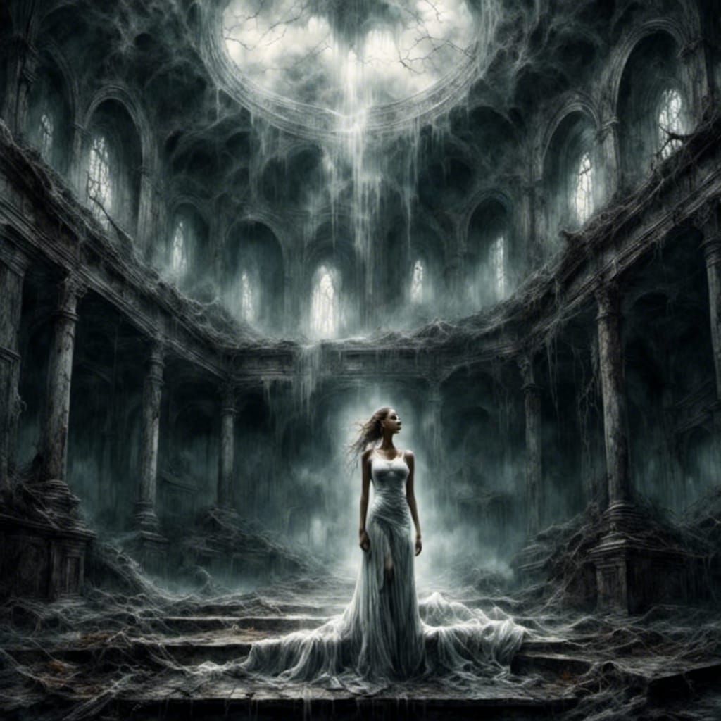 Ghostly Woman in Abandoned Hall: Dieselpunk Pencil Sketch