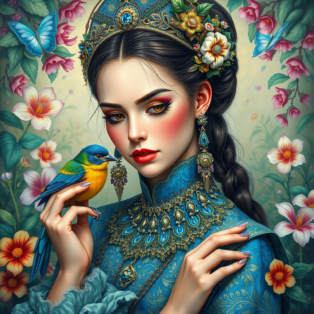 Woman with Bird in Lush Flora, as Oil Painting