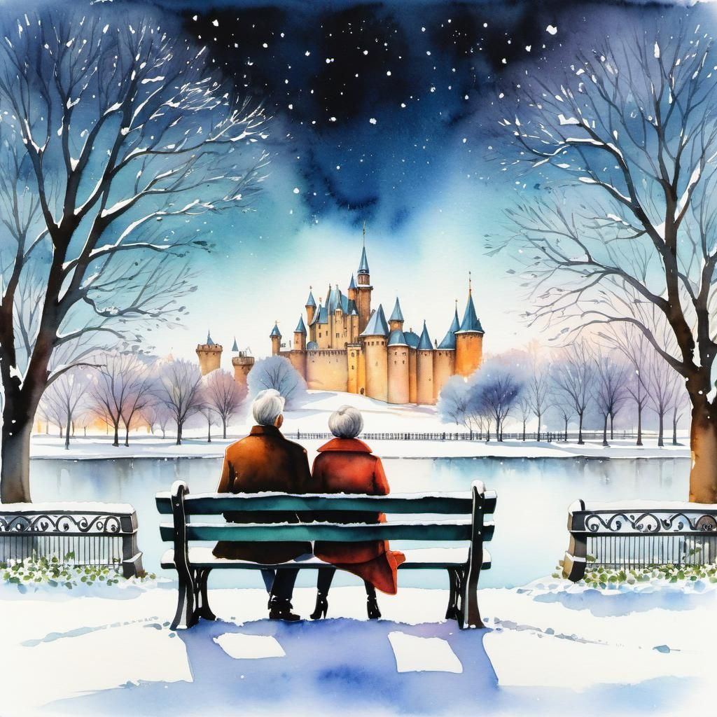 Winter Couple in Park: Watercolor and Ink Illustration