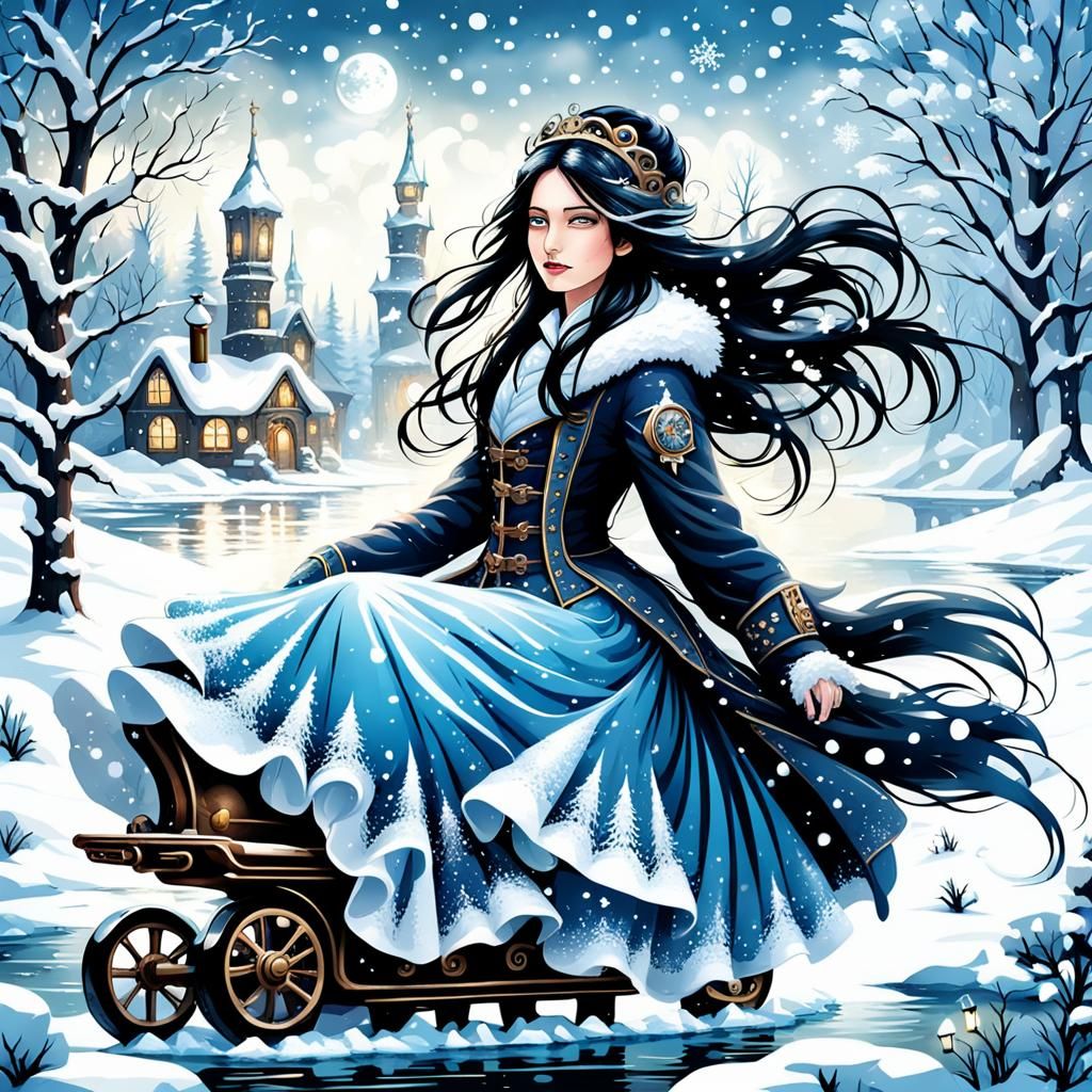 Snow Fairy Ice Skating on Frozen Pond in Steampunk Style