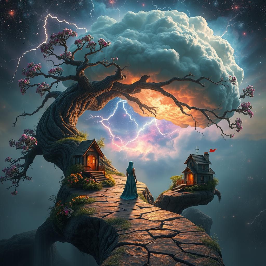 Ethereal Dreamscape with Neon Figure and Cosmic Tree