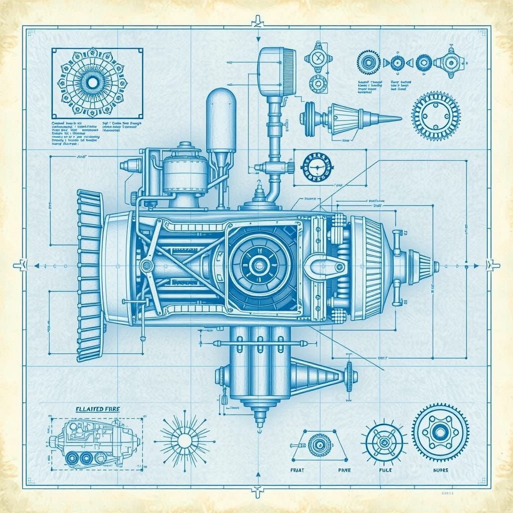 Engine Schematic Blueprint in Photorealistic Style