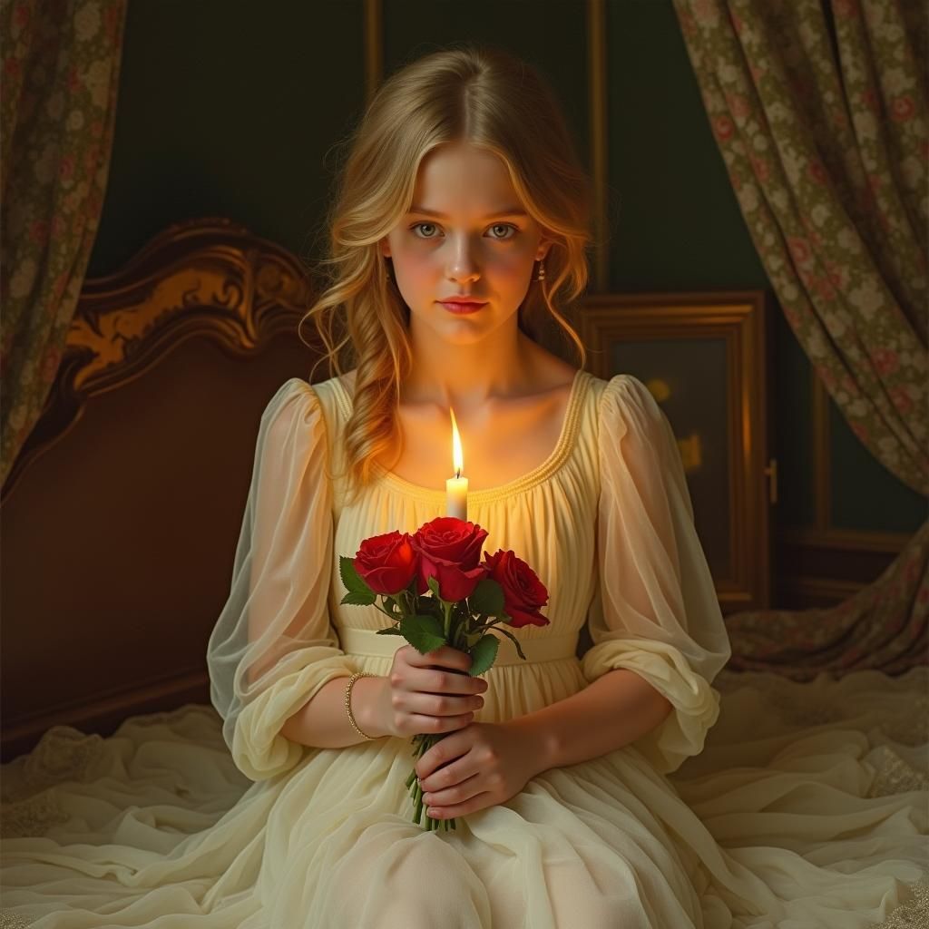 Girl with Roses and Candle in Dreamy Style
