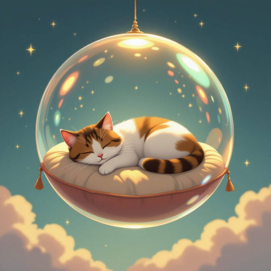 Cat Nap in Floating Bubble, Dreamy Ethereal Art