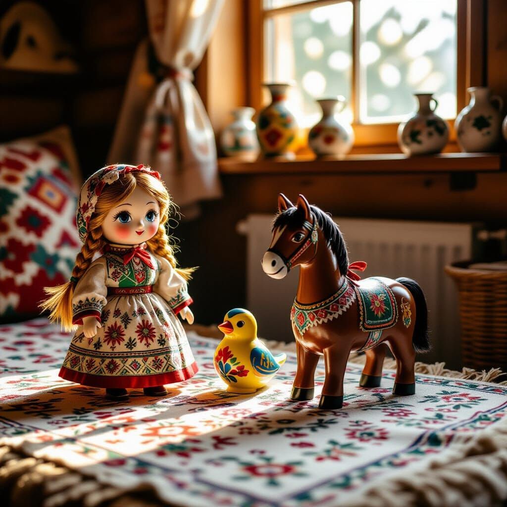 Ukrainian Ritual Toys in Traditional Home, Detailed Realism