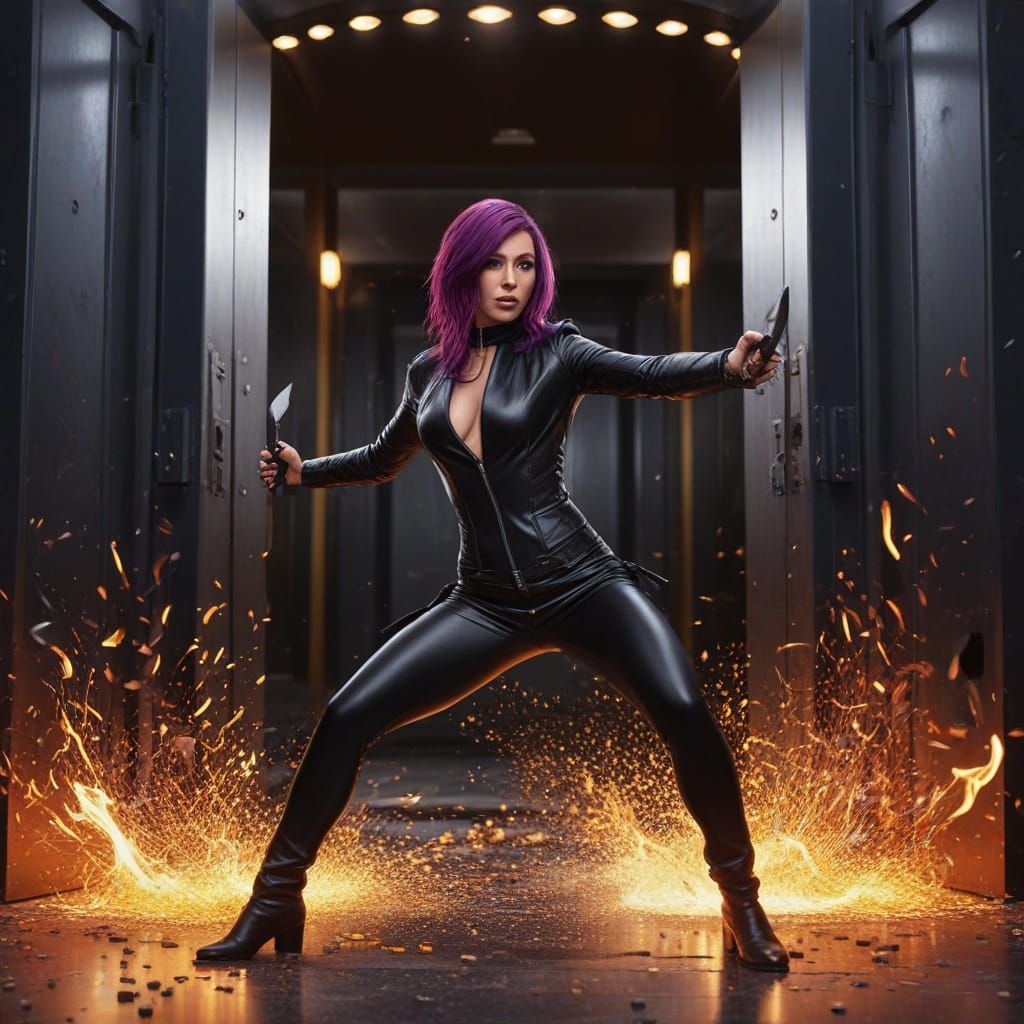 Purple-Haired Assassin Mid-Attack: Hyperrealistic Digital Ar...