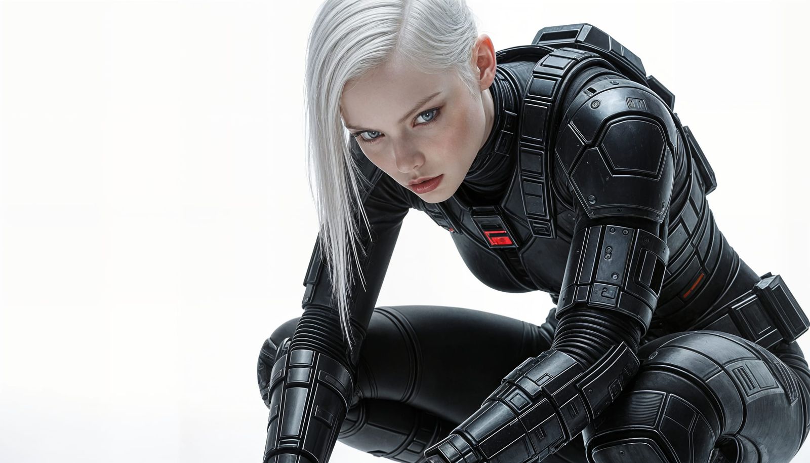 Albino Woman in Armored Suit, Hyperrealistic Image