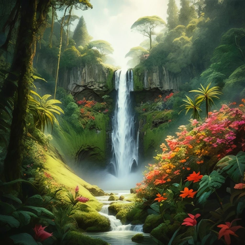 Tropical Waterfall in Vibrant Watercolor