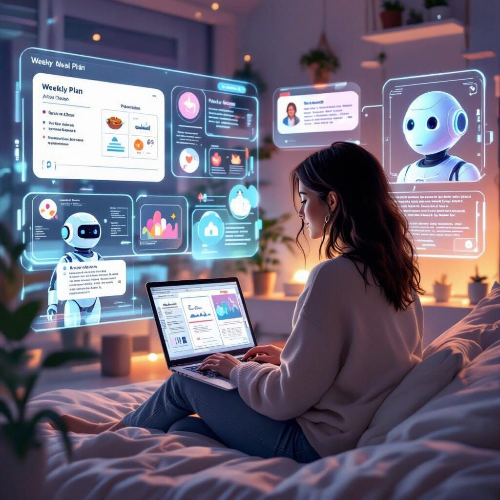 Woman Working on Laptop with AI Holograms