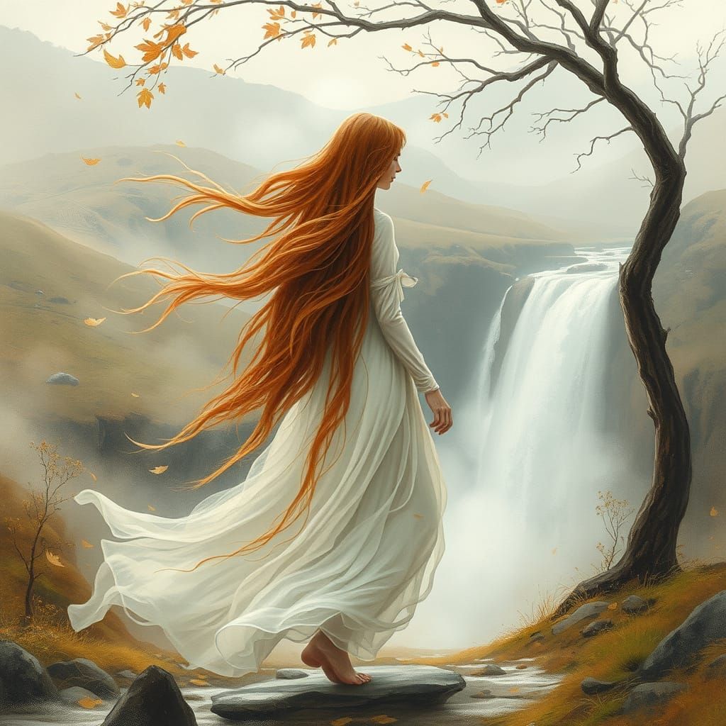 Ethereal Pre-Raphaelite Ghostly Figure in Autumnal Watercolo...
