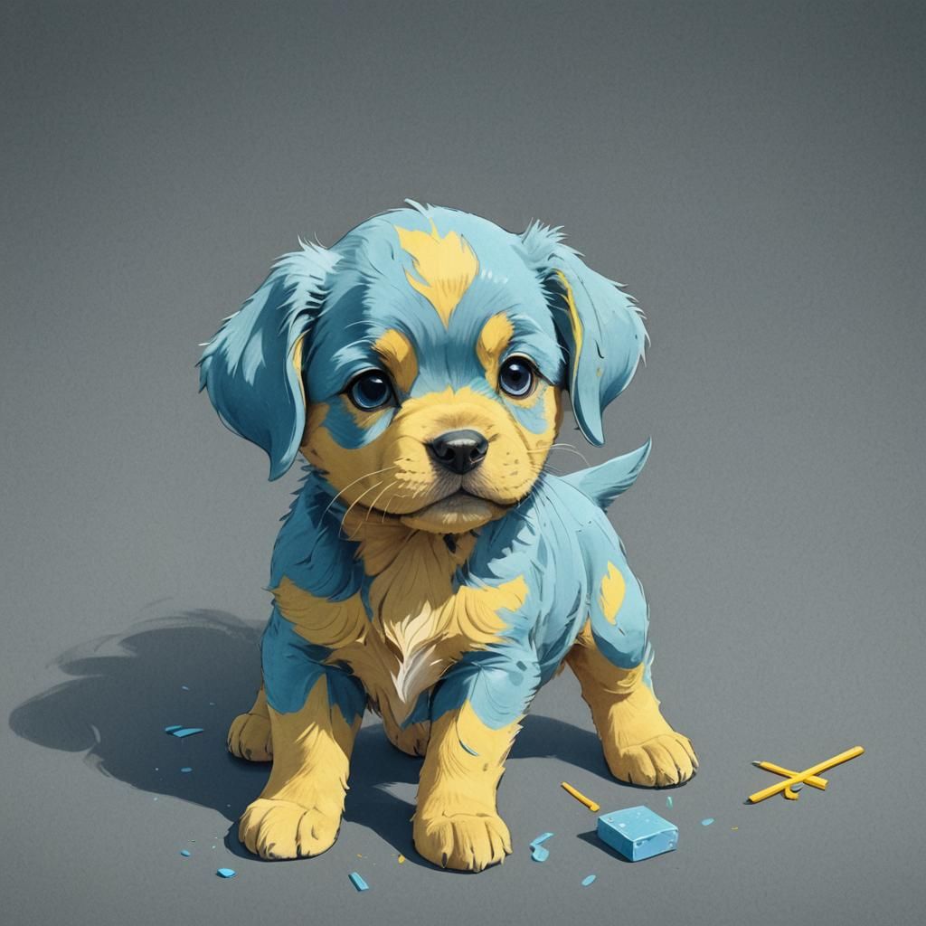 Light Blue and Yellow Chalk Puppy, Cel-Shaded Anime Art