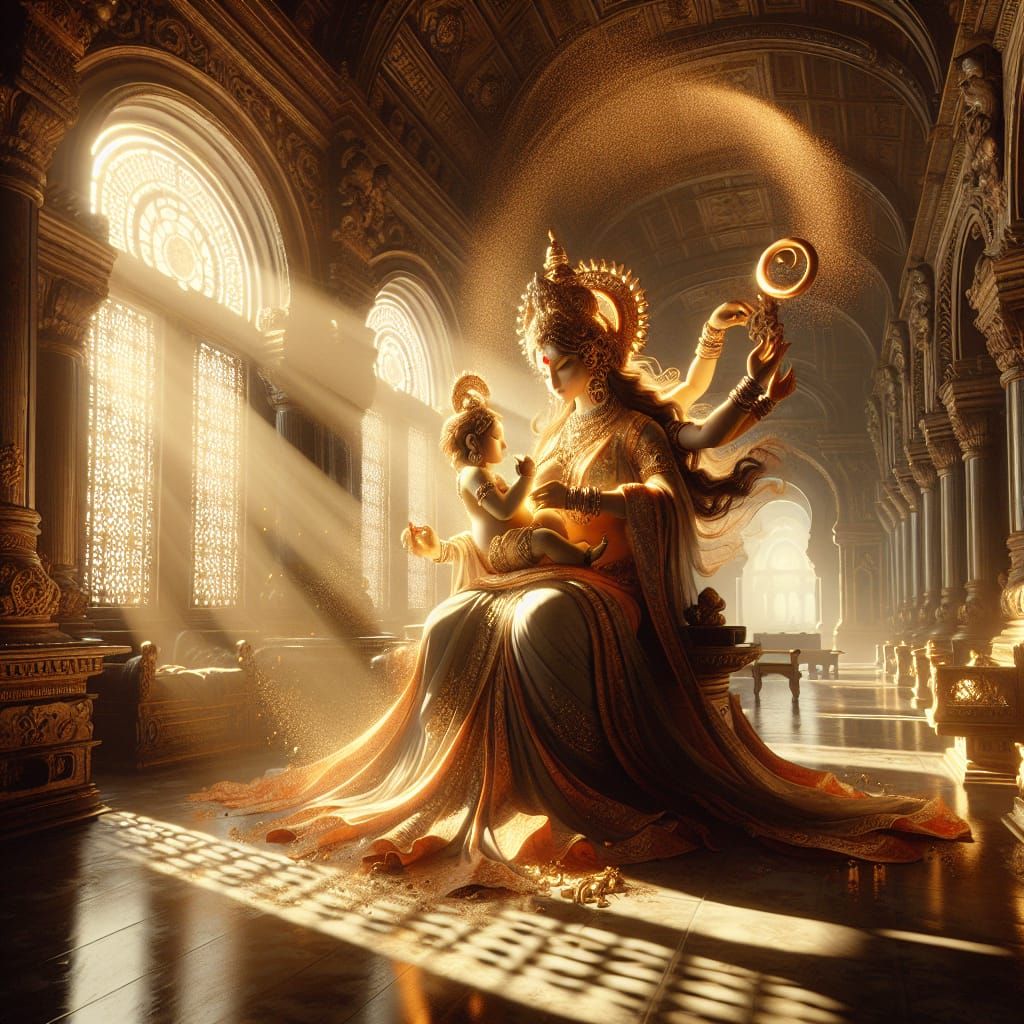 Goddess Parvati Crafts Baby Ganesha in Sunlit Palace