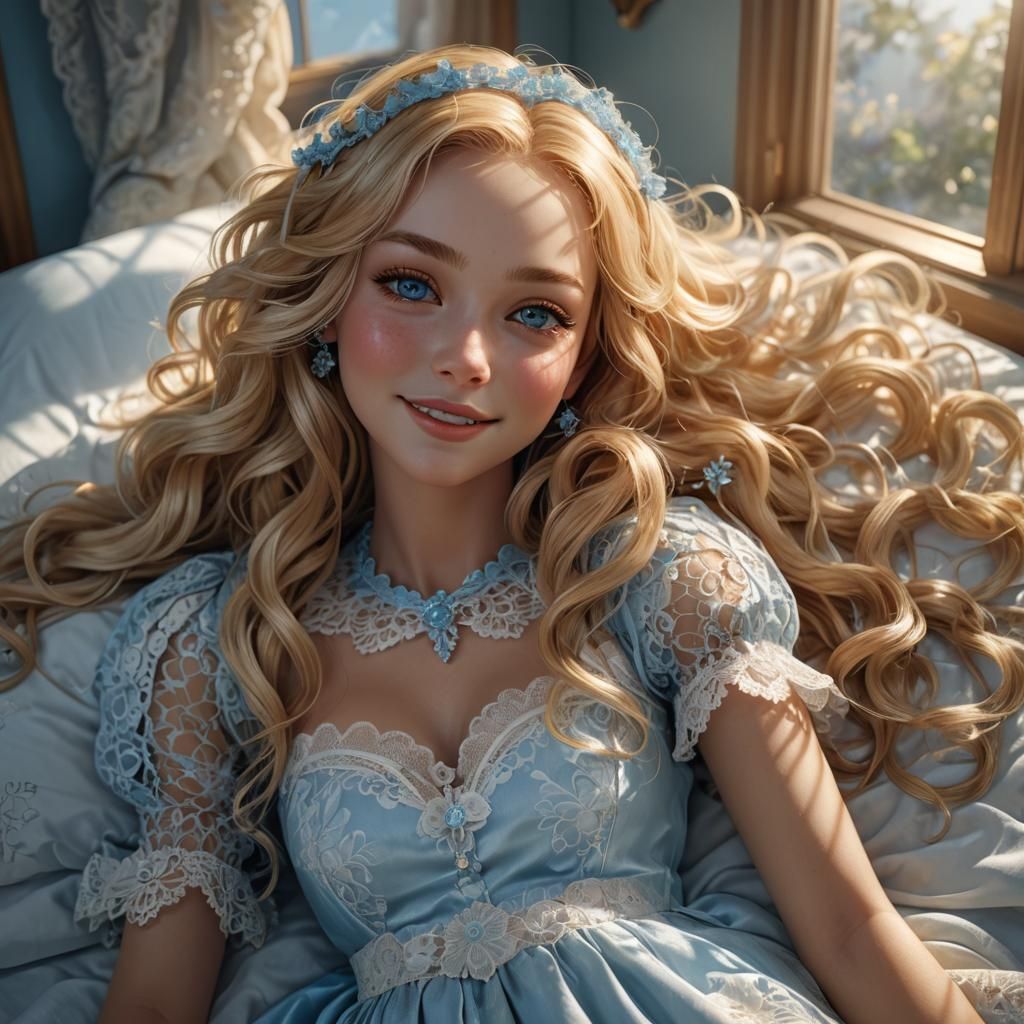 Blonde Girl in Blue Lace Dress, Angelic Portrait