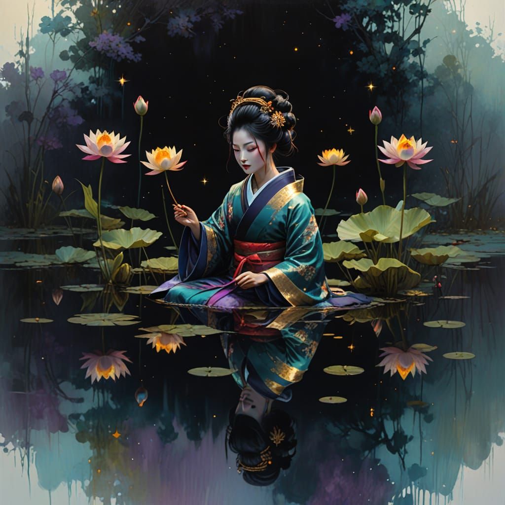 Beautiful Geisha in red yellow purple and cyan teal golden k...