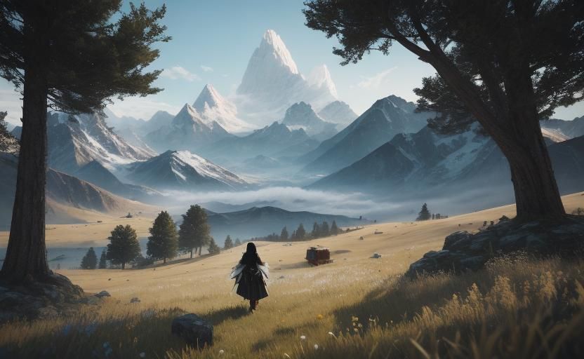 Woman Creates Flame in Mountain Landscape: 3D Game Graphics