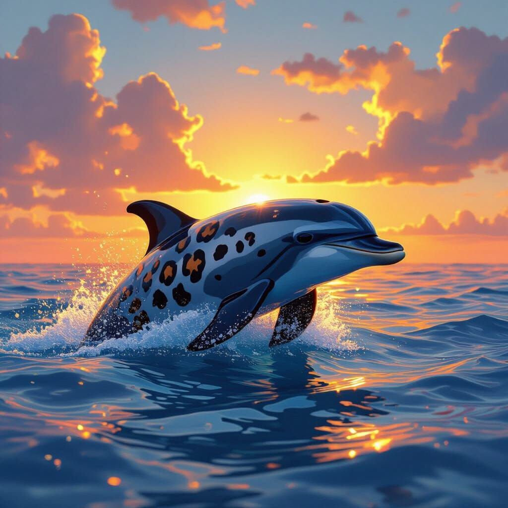 Leopard Spotted Dolphin Swimming at Sunset, Detailed Digital...