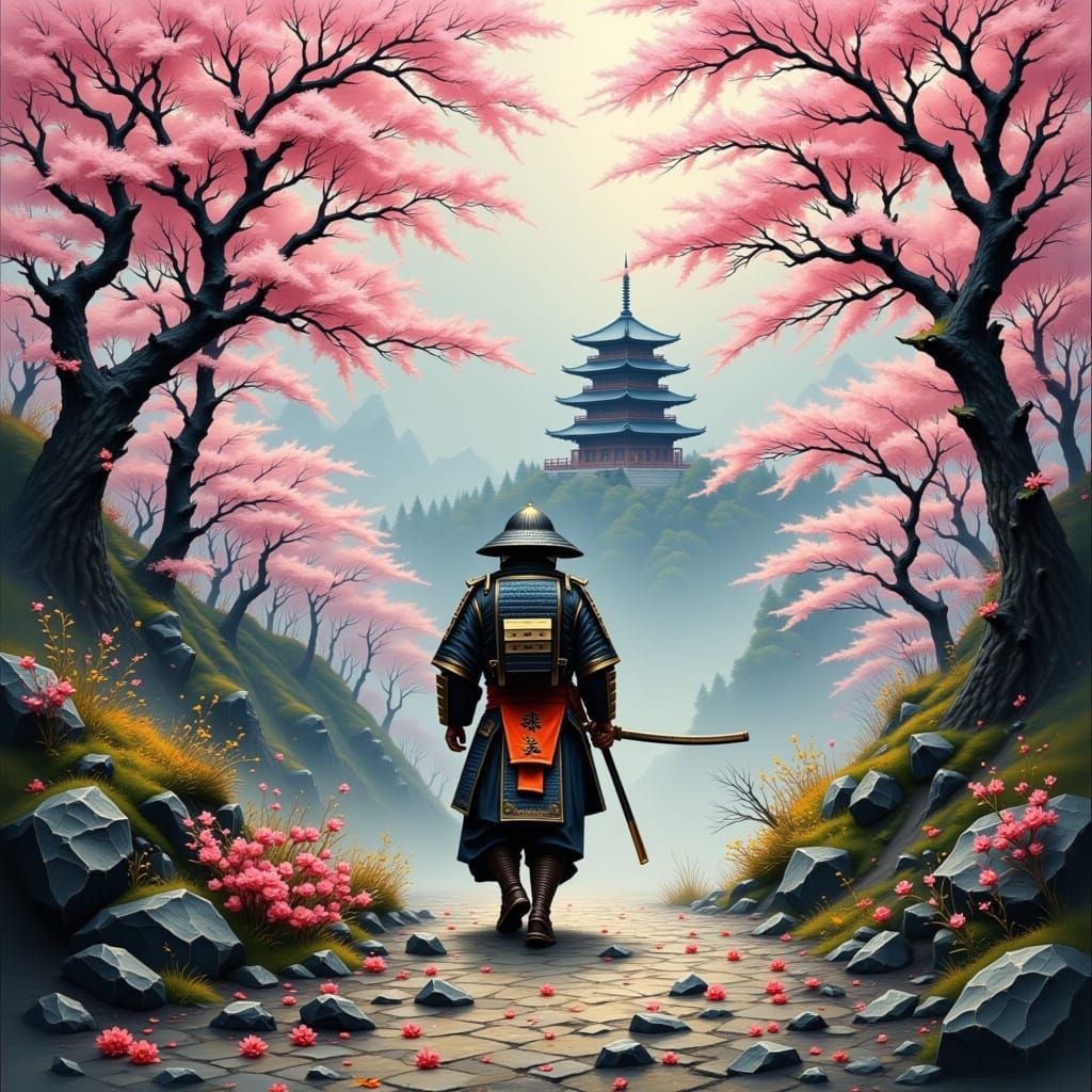 Samurai Walks Through Cherry Blossoms Near Temple