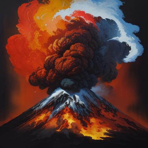 Impressionist Volcano Image with Red-Haired Man