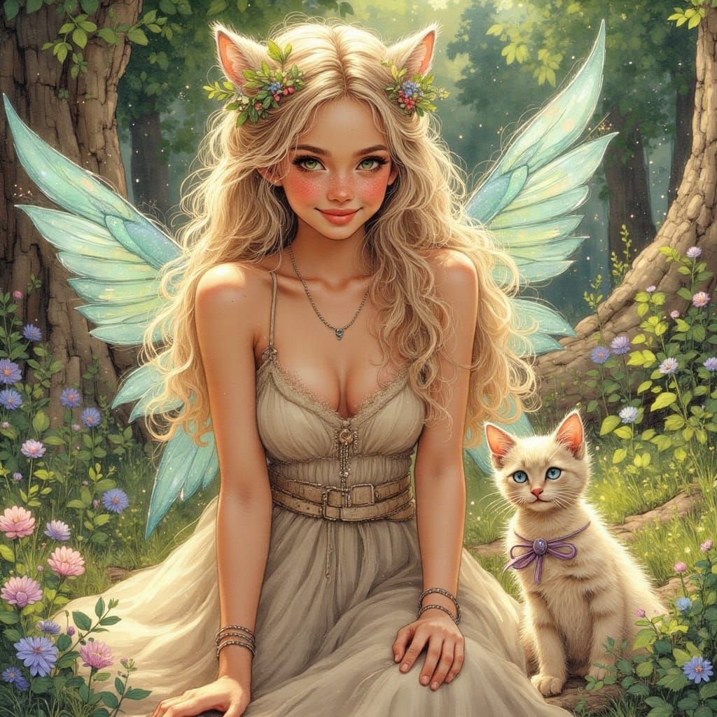Garden Goddess with Kittens in Vibrant Summer Style