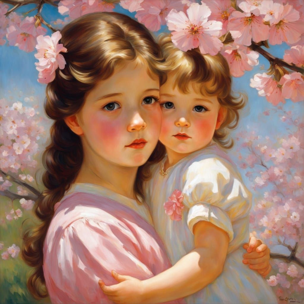 Mother and Daughter Among Cherry Blossoms in Cassatt Style