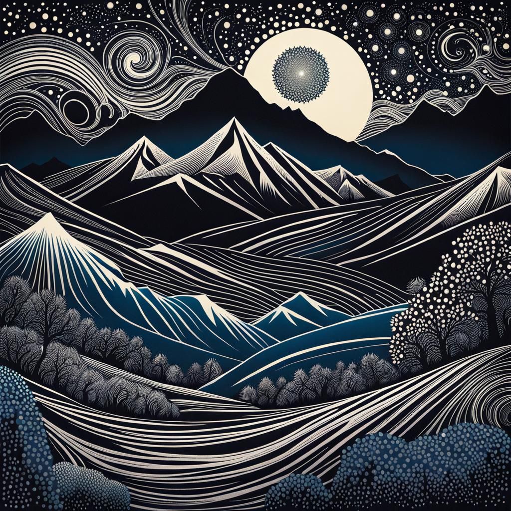 Starry Night Mountain Landscape in Linocut Style