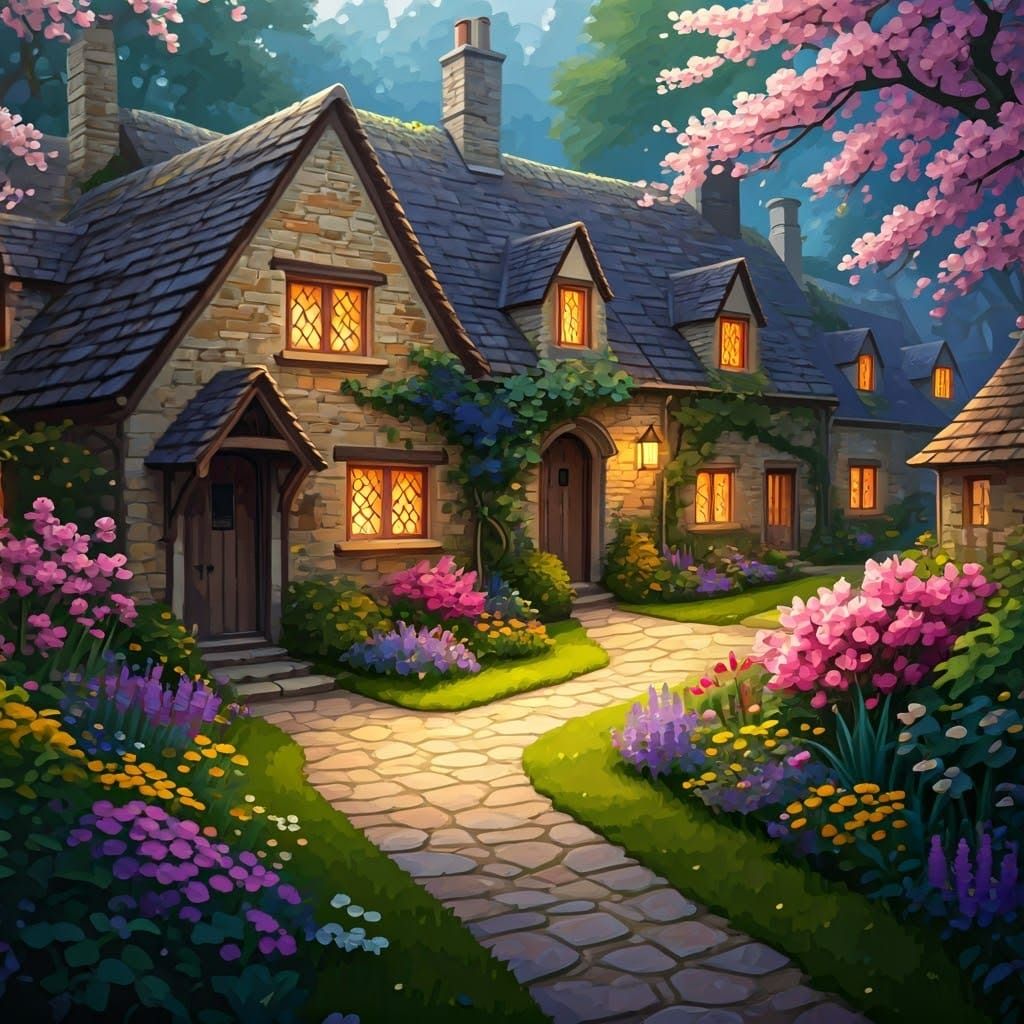 Whimsical Village of Thatched Cottages in Vibrant Bloom