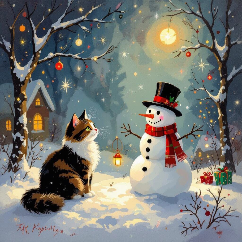 Whimsical Cat and Snowman Christmas Adventure