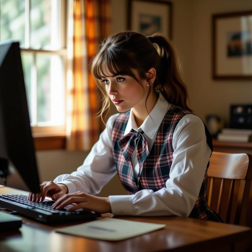 Cinematic Film Still: Brunette at Computer in School Uniform
