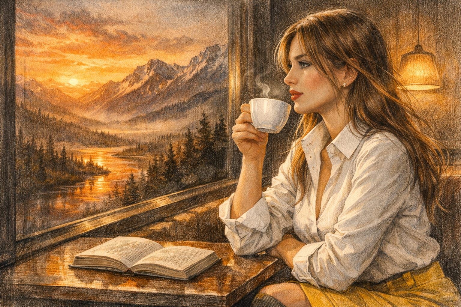 Cozy Cafe at Sunset with Mountain View
