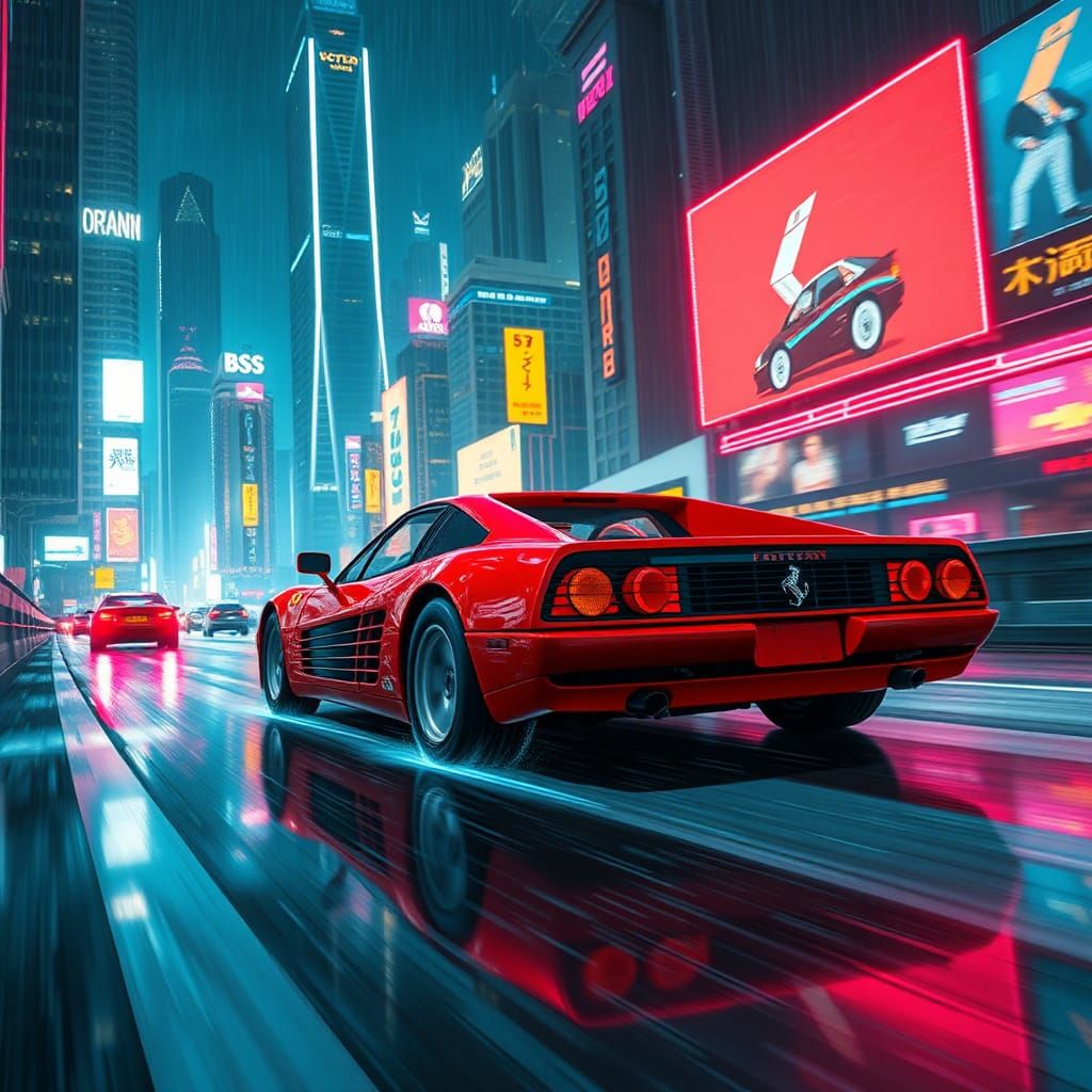 Ferrari Testarossa Speeds Through Cyberpunk Cityscape