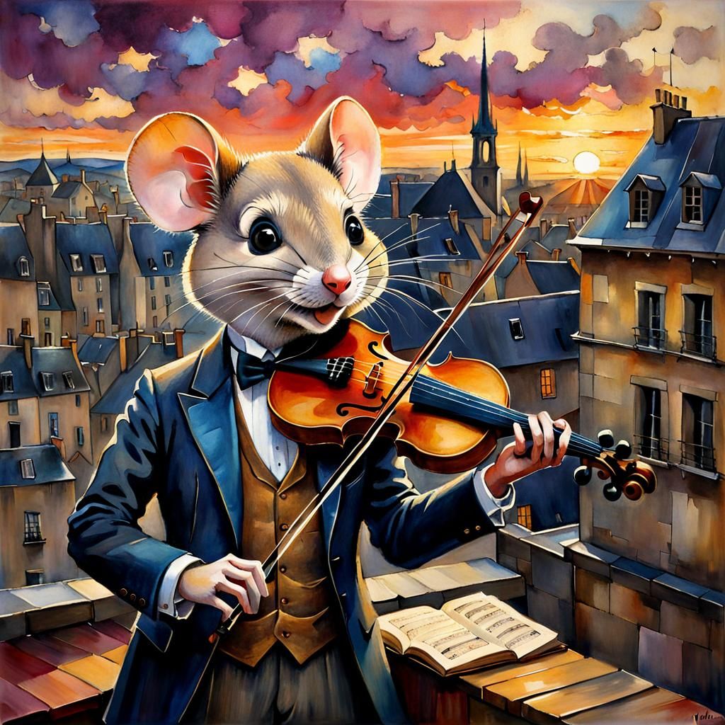 Dapper Mouse Violinist on Rooftop in Cubist Style