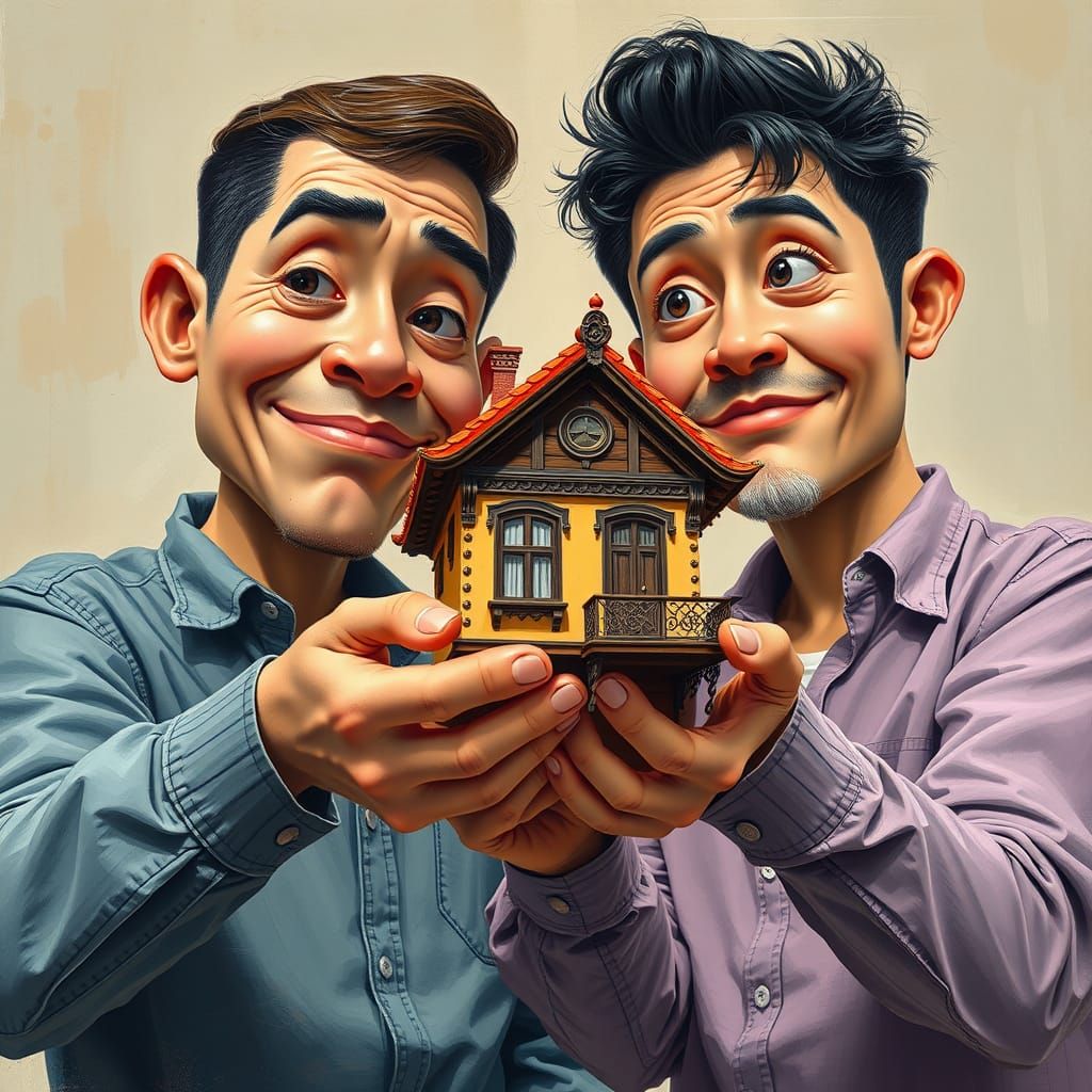 People Sharing House: Caricature Oil Painting