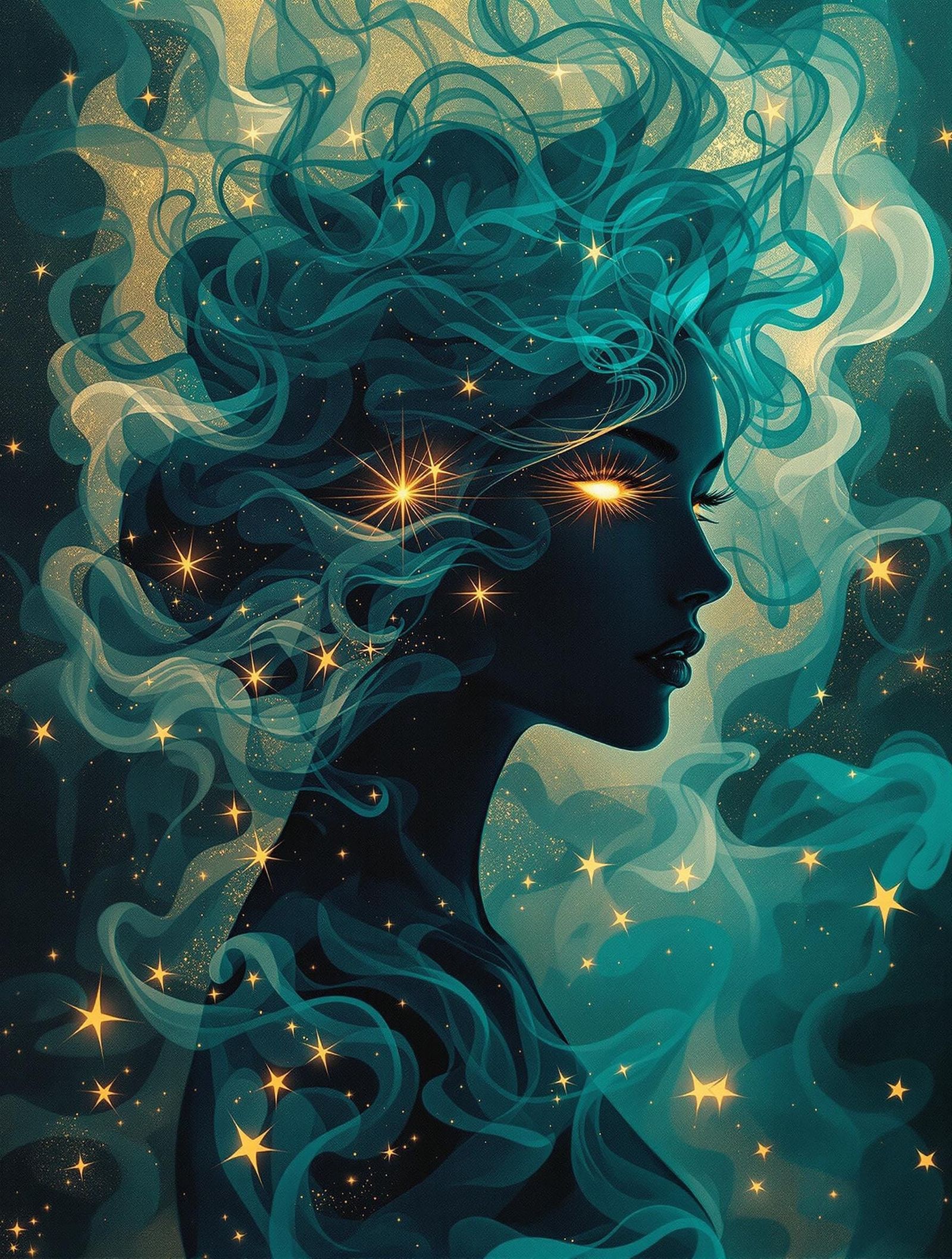 Regal Woman in Ethereal Glow with Metallic Leaf Overlay