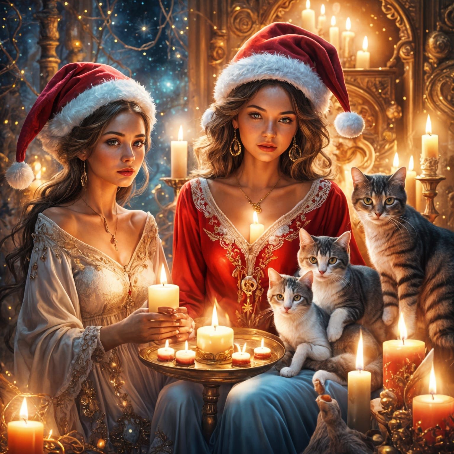 Beautiful Women in Santa Hats with Cats and Candles
