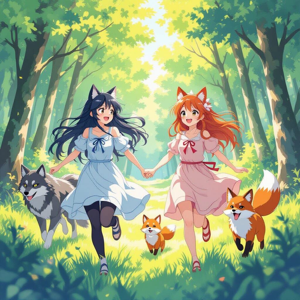 Anime Animal Girls Running Through Forest in Watercolor Styl...