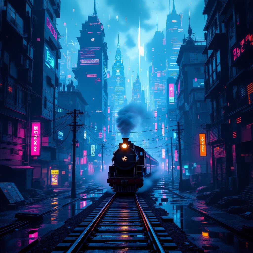 Surreal Glitchcore Cityscape with Ancient Train Track