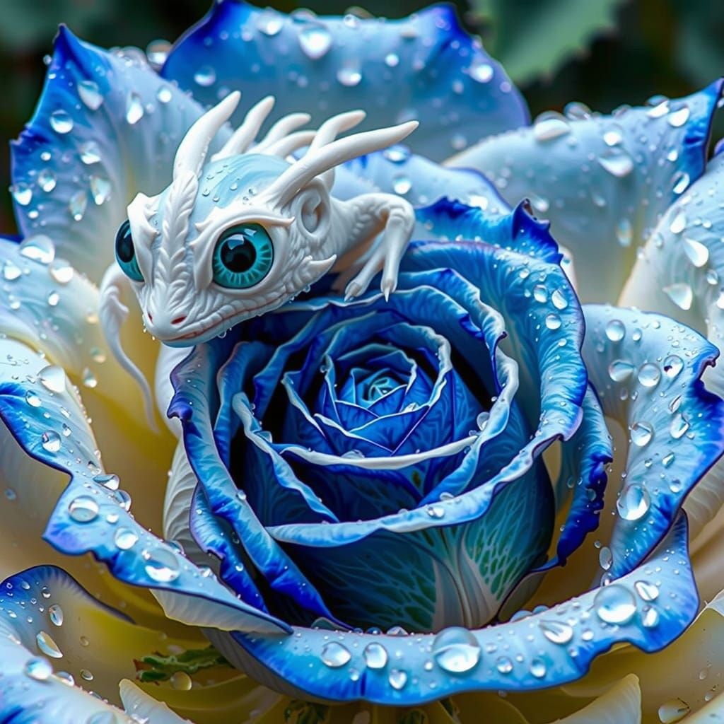 White Chameleon Curled in Red Rose with Dew