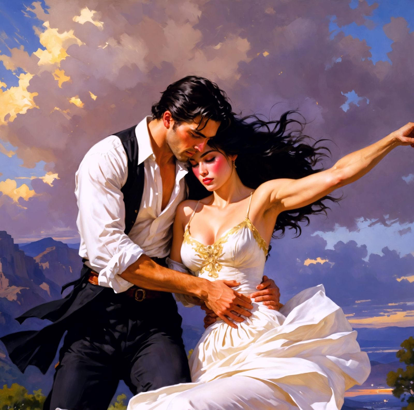 Romantic Embrace in Gouache Style at Sunset