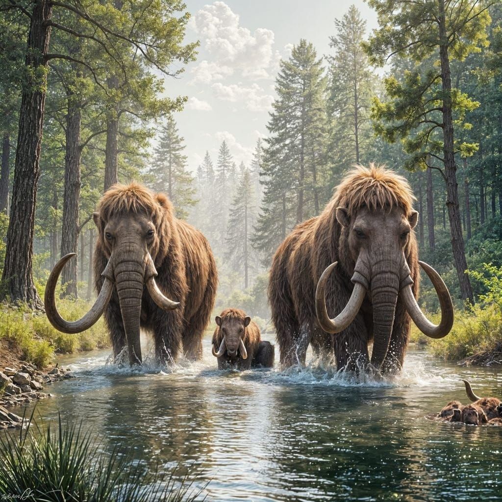 Woolly Mammoths Playing in a Waterhole